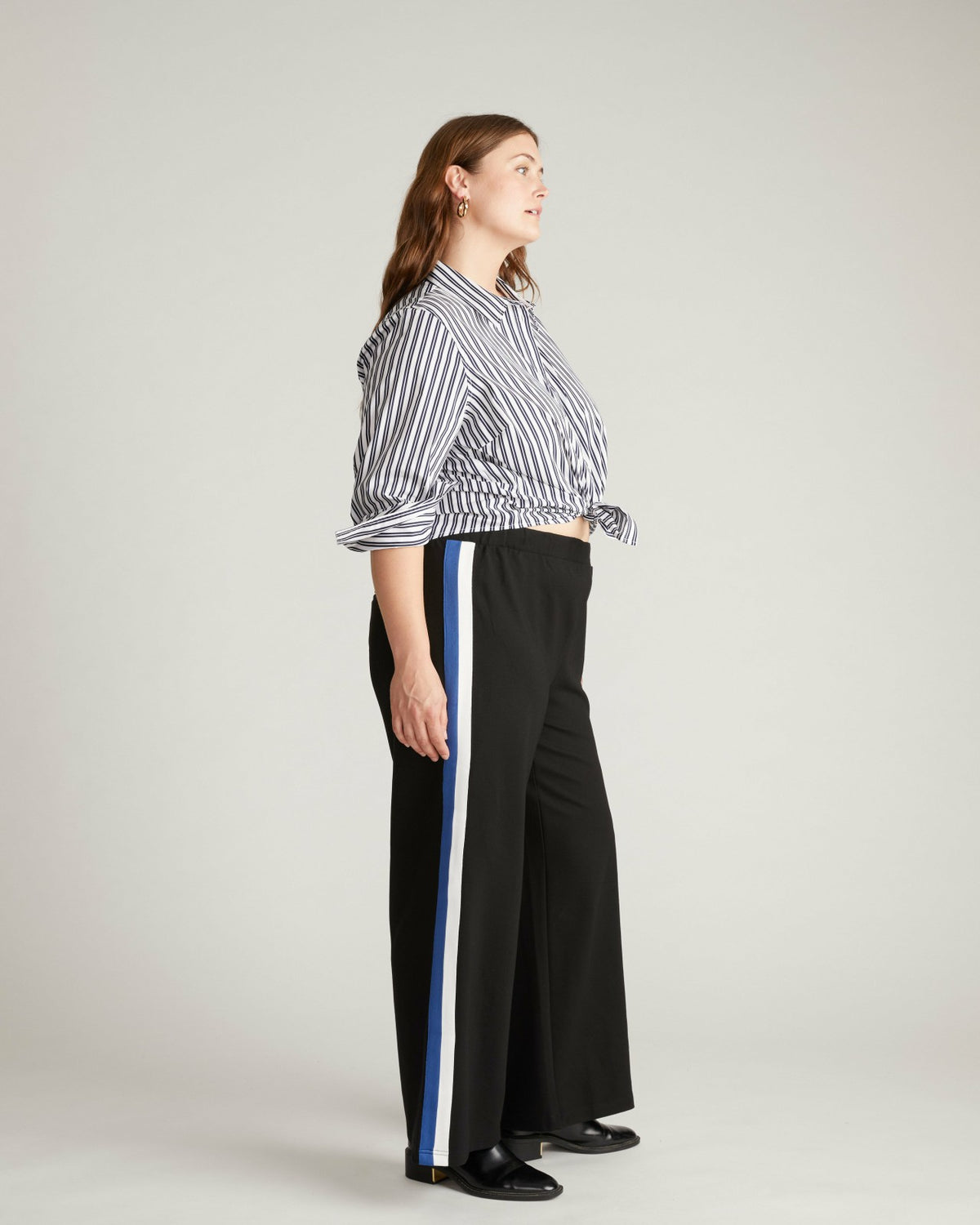 Stephanie Wide Leg Stripe Ponte Pants 30 Inch - Black with Blue/White  | Universal Standard