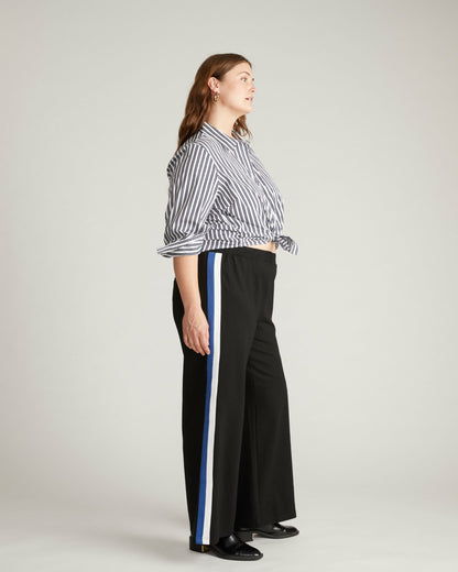 Stephanie Wide Leg Stripe Ponte Pants 30 Inch - Black with Blue/White  | Universal Standard