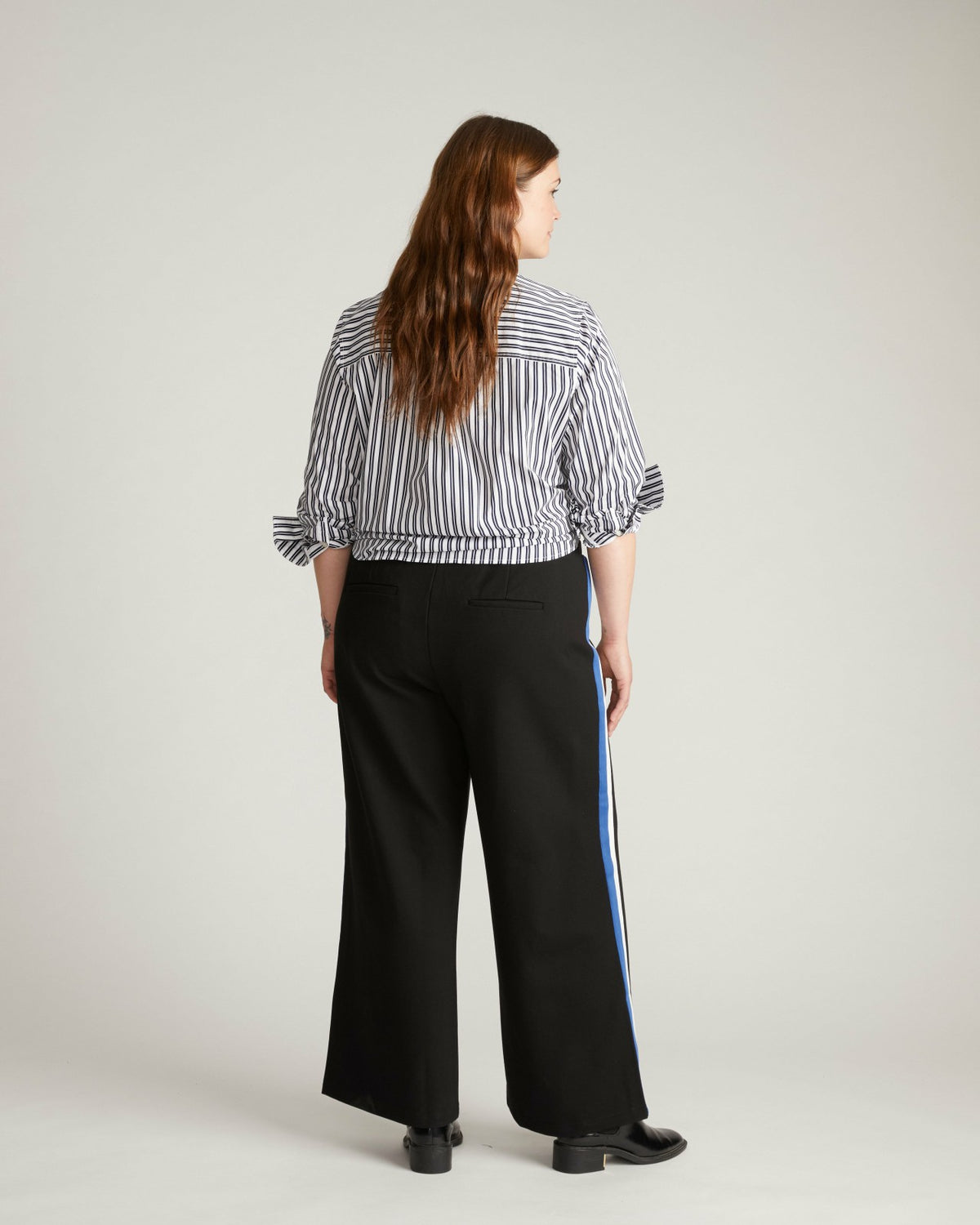 Stephanie Wide Leg Stripe Ponte Pants 30 Inch - Black with Blue/White  | Universal Standard