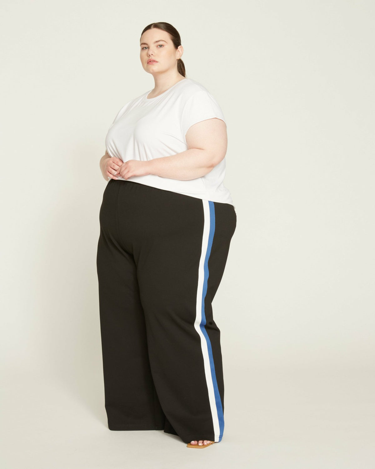 Stephanie Wide Leg Stripe Ponte Pants 30 Inch - Black with Blue/White  | Universal Standard