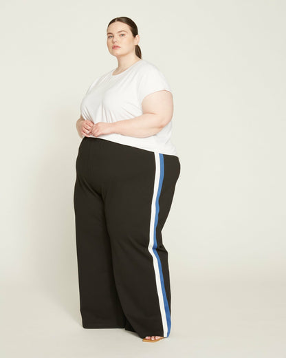 Stephanie Wide Leg Stripe Ponte Pants 30 Inch - Black with Blue/White  | Universal Standard