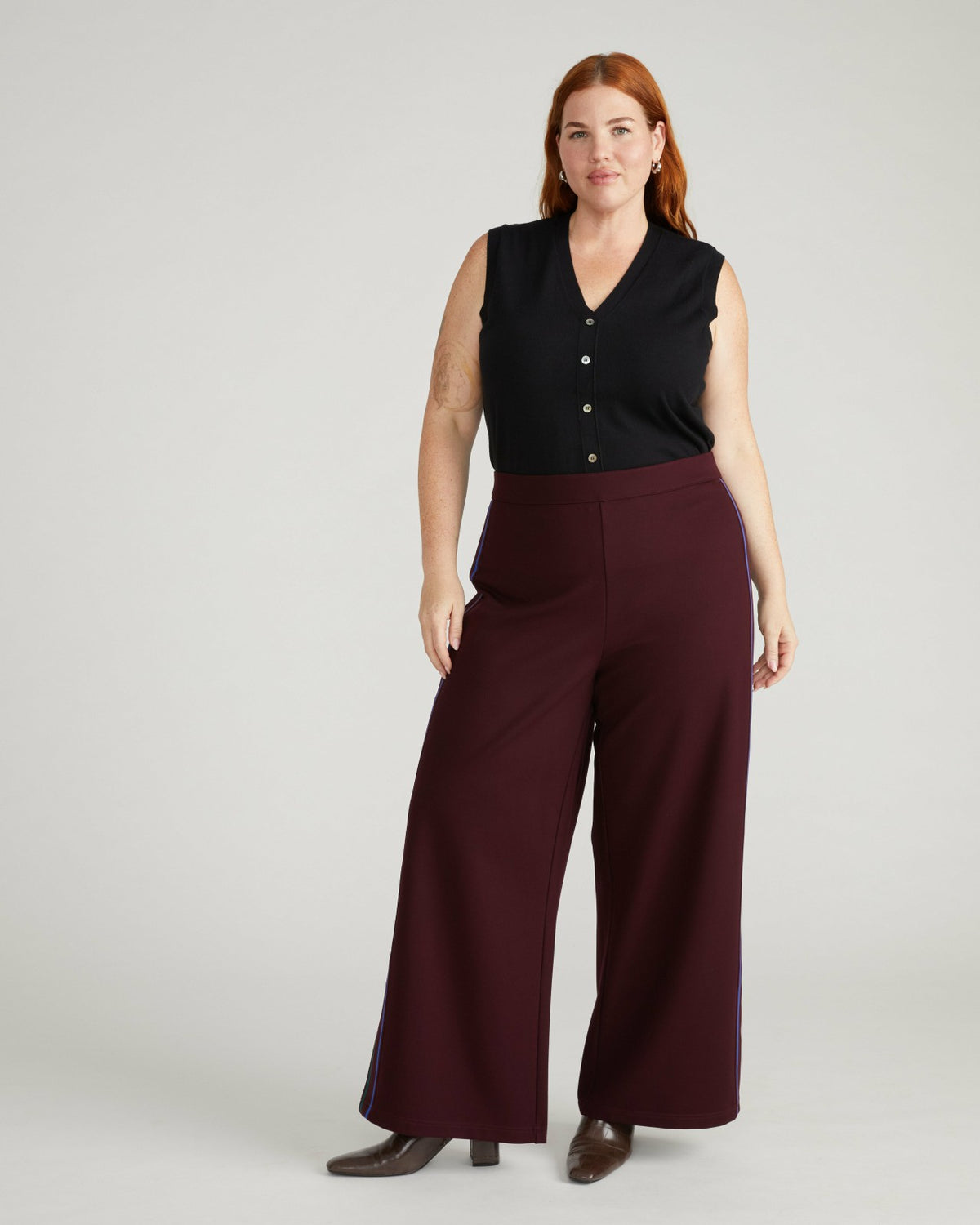 Stephanie Wide Leg Stripe Ponte Pants 30 Inch - Black Cherry with Gree | Universal Standard