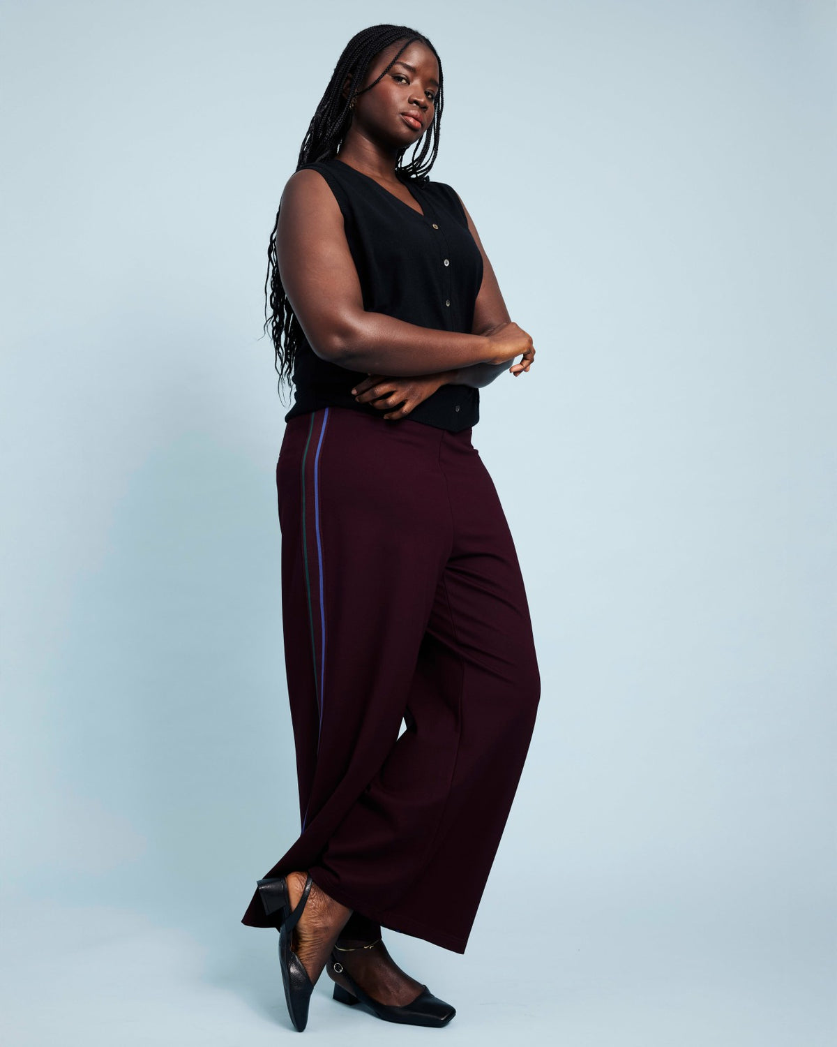 Stephanie Wide Leg Stripe Ponte Pants 30 Inch - Black Cherry with Gree | Universal Standard