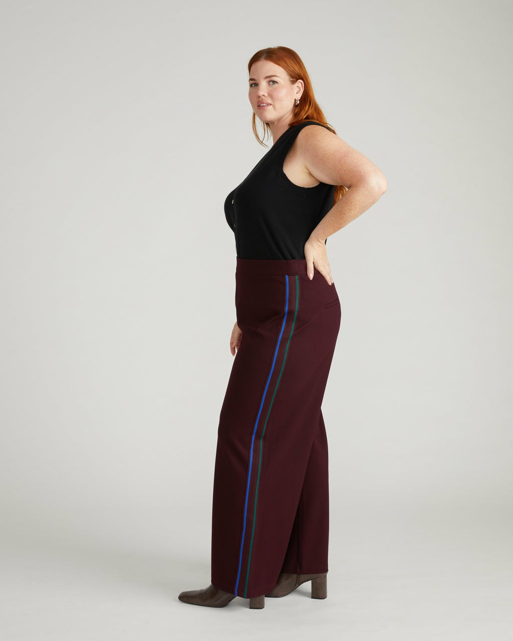 Stephanie Wide Leg Stripe Ponte Pants 30 Inch - Black Cherry with Gree | Universal Standard