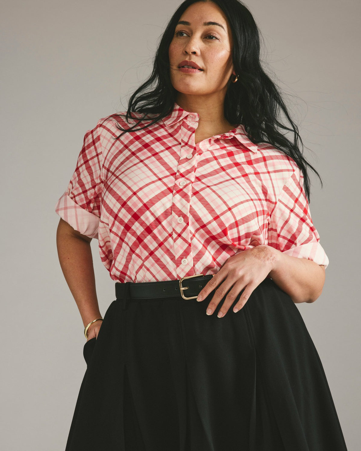 Cooling Stretch Cupro Artist Shirt - Red Plaid Print | Universal Standard