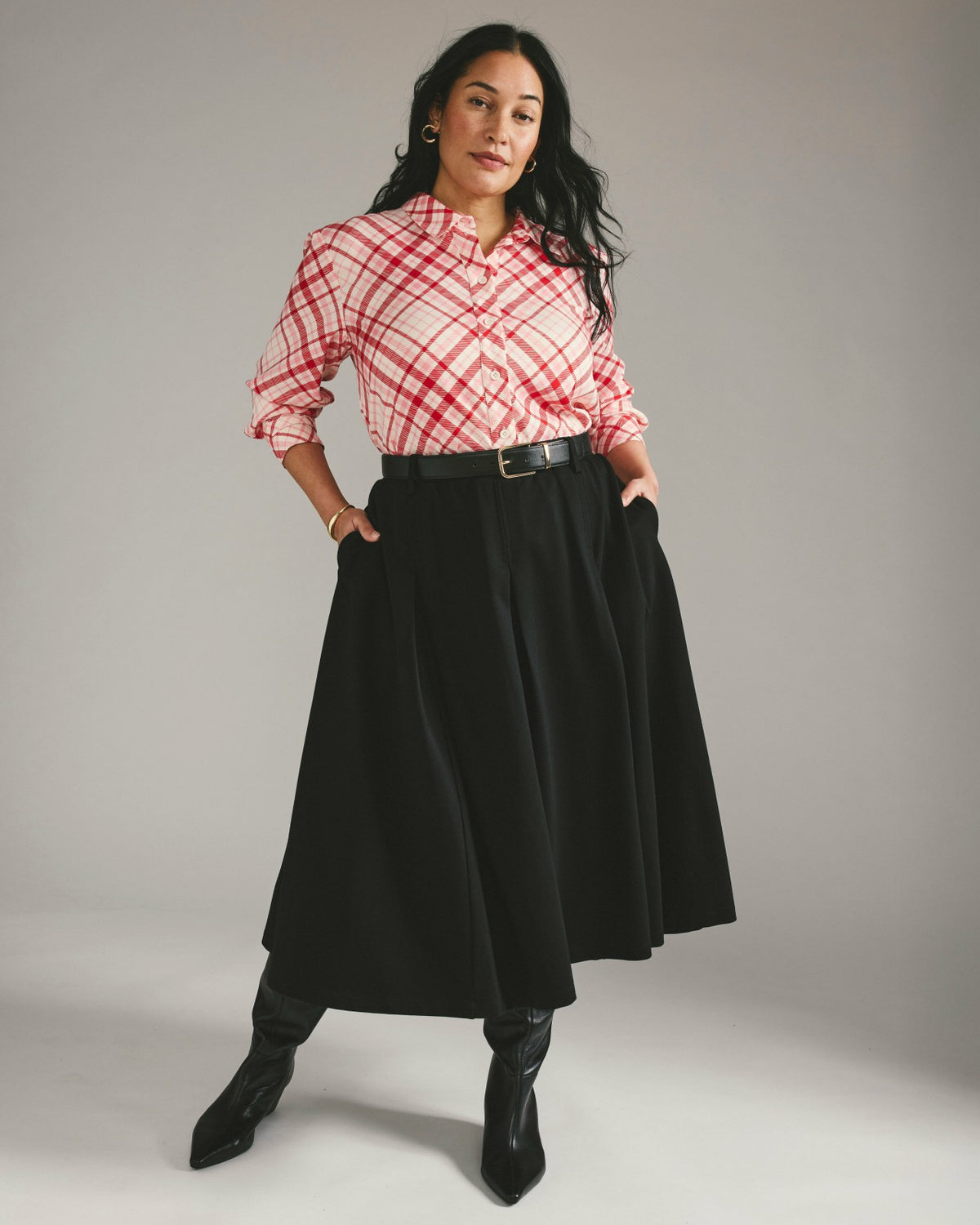 Cooling Stretch Cupro Artist Shirt - Red Plaid Print | Universal Standard