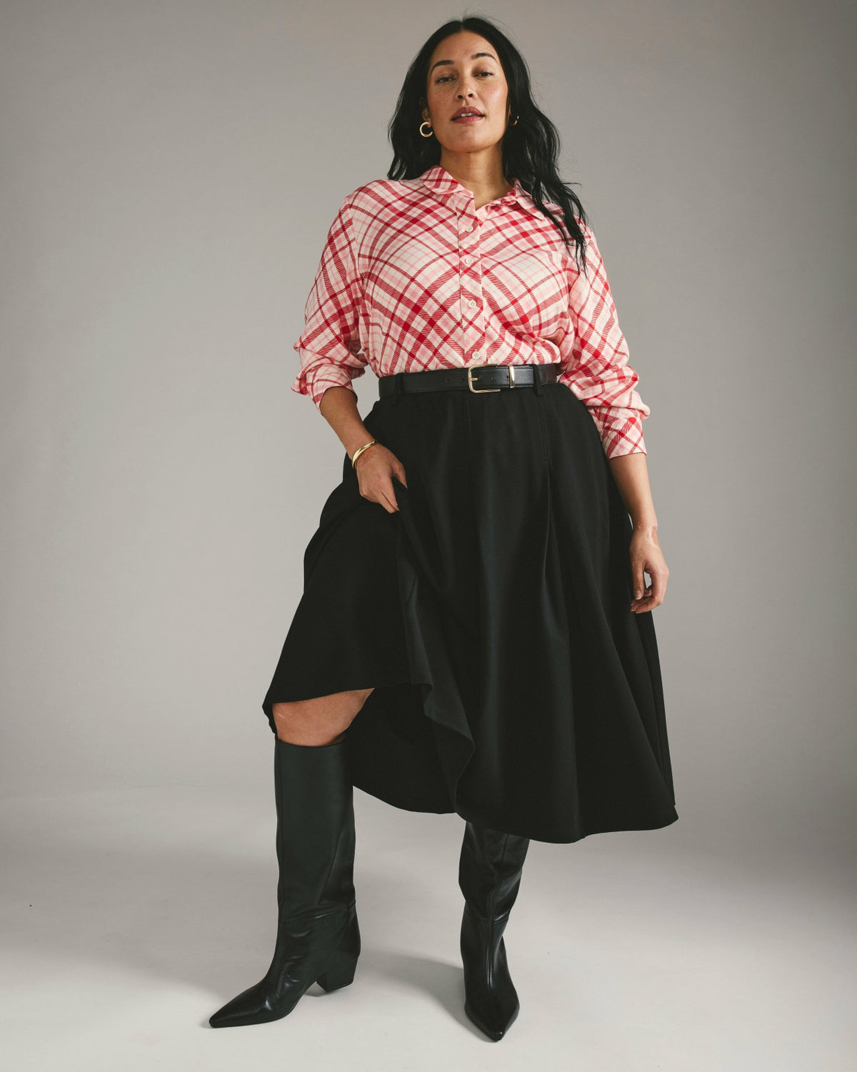 Cooling Stretch Cupro Artist Shirt - Red Plaid Print | Universal Standard