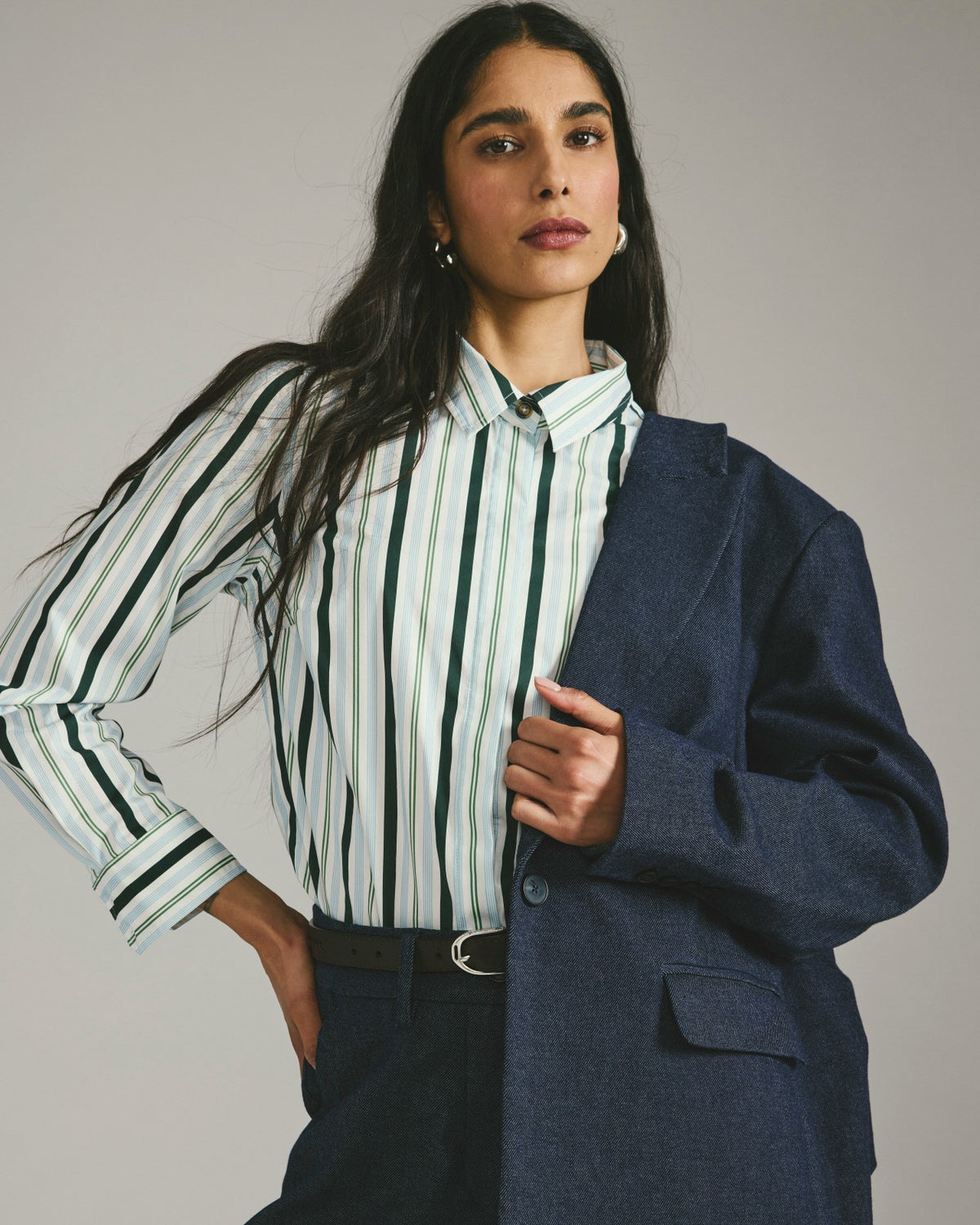 Elbe Stretch Poplin Shirt Classic Fit - Forest Green Multi Stripe | Universal Standard