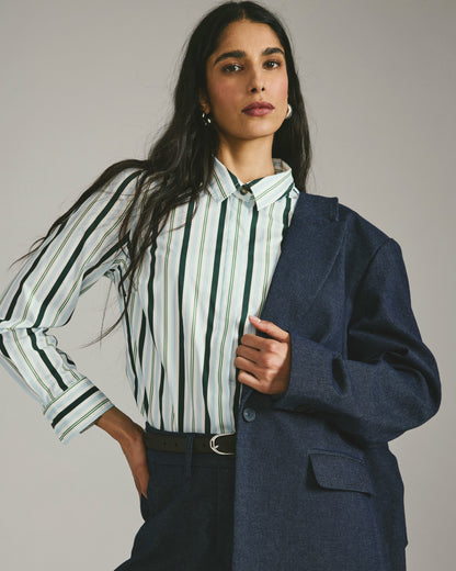 Elbe Stretch Poplin Shirt Classic Fit - Forest Green Multi Stripe | Universal Standard