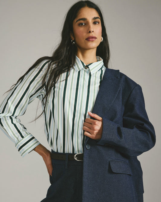 Elbe Stretch Poplin Shirt Classic Fit - Forest Green Multi Stripe | Universal Standard