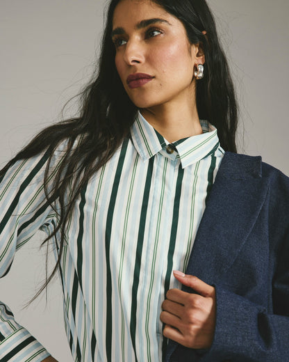 Elbe Stretch Poplin Shirt Classic Fit - Forest Green Multi Stripe | Universal Standard