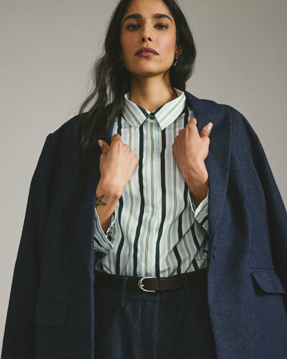 Elbe Stretch Poplin Shirt Classic Fit - Forest Green Multi Stripe | Universal Standard