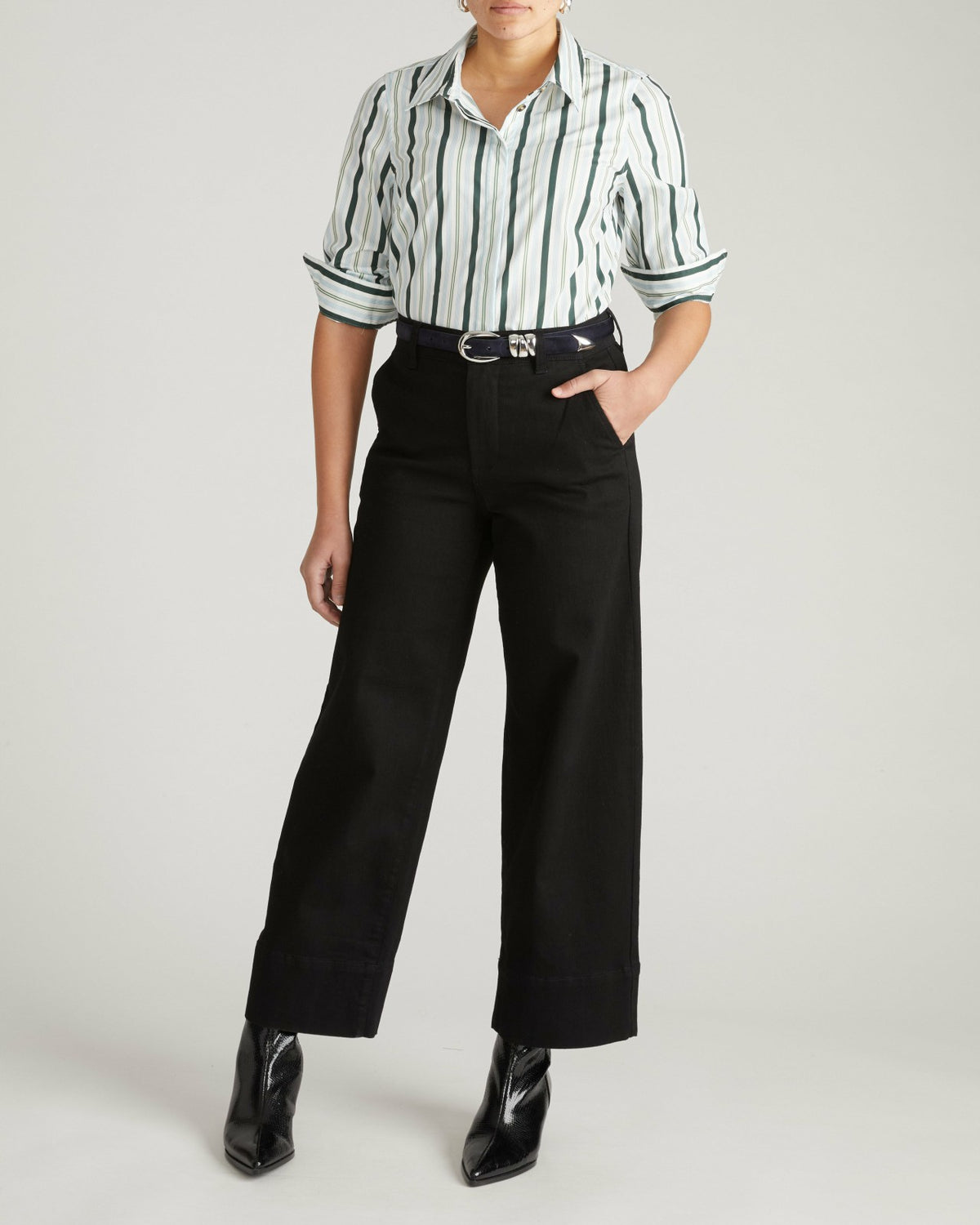 Elbe Stretch Poplin Shirt Classic Fit - Forest Green Multi Stripe | Universal Standard
