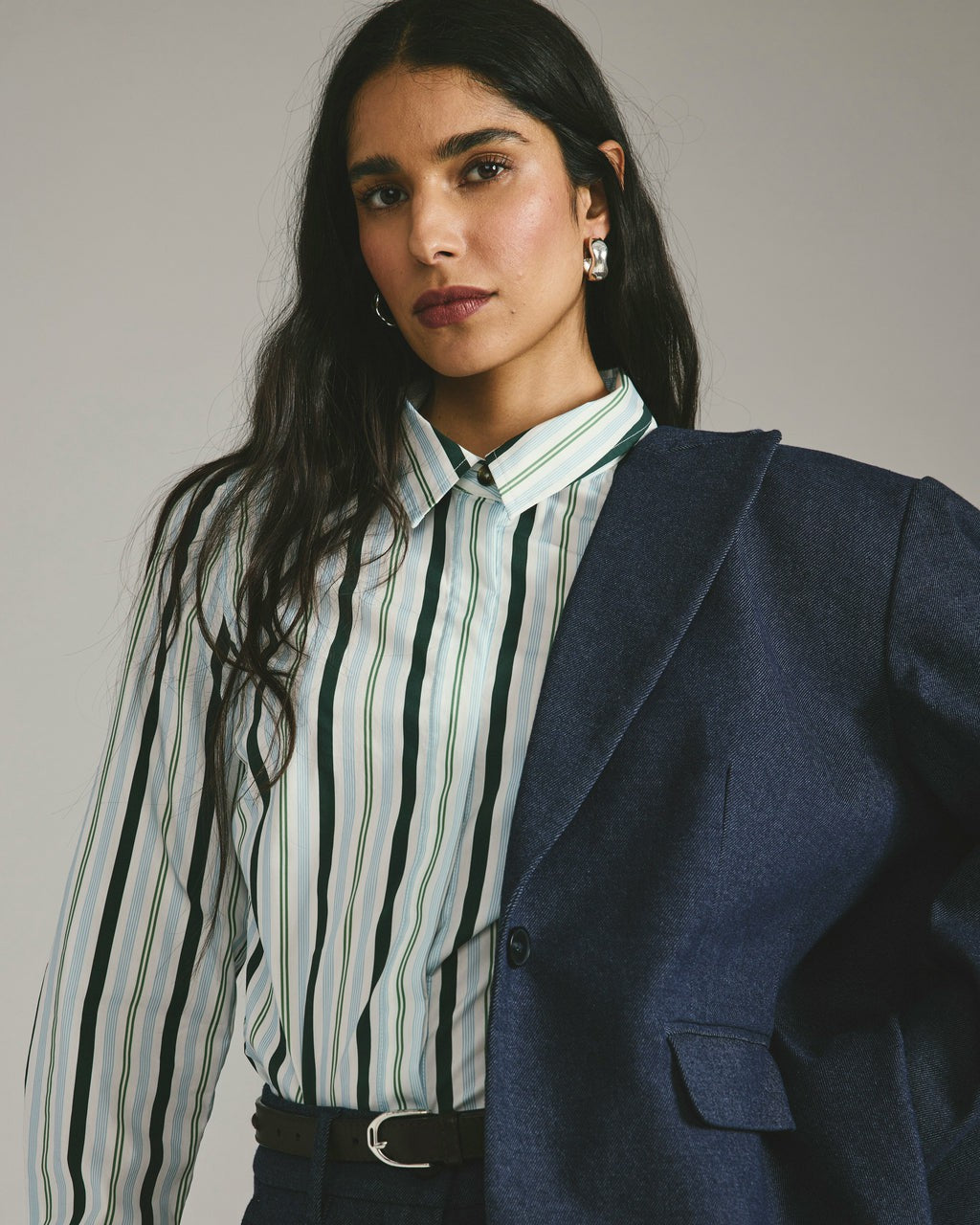 Elbe Stretch Poplin Shirt Classic Fit - Forest Green Multi Stripe | Universal Standard