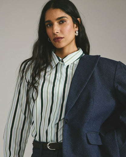 Elbe Stretch Poplin Shirt Classic Fit - Forest Green Multi Stripe | Universal Standard