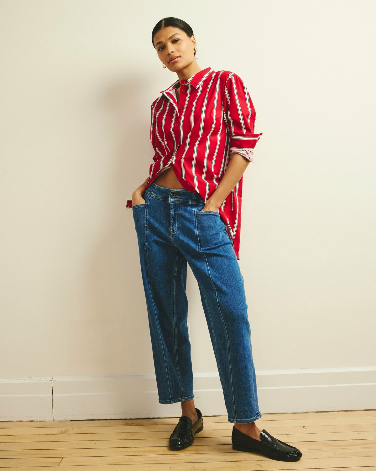The Artist Poplin Shirt - Red/Black/White Stripe | Universal Standard