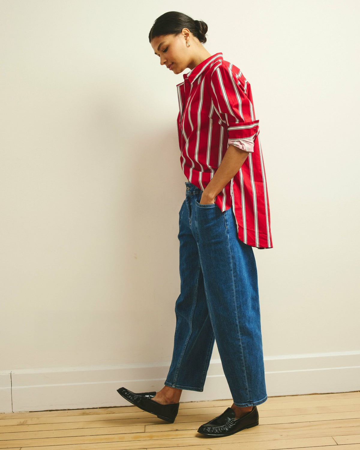 The Artist Poplin Shirt - Red/Black/White Stripe | Universal Standard