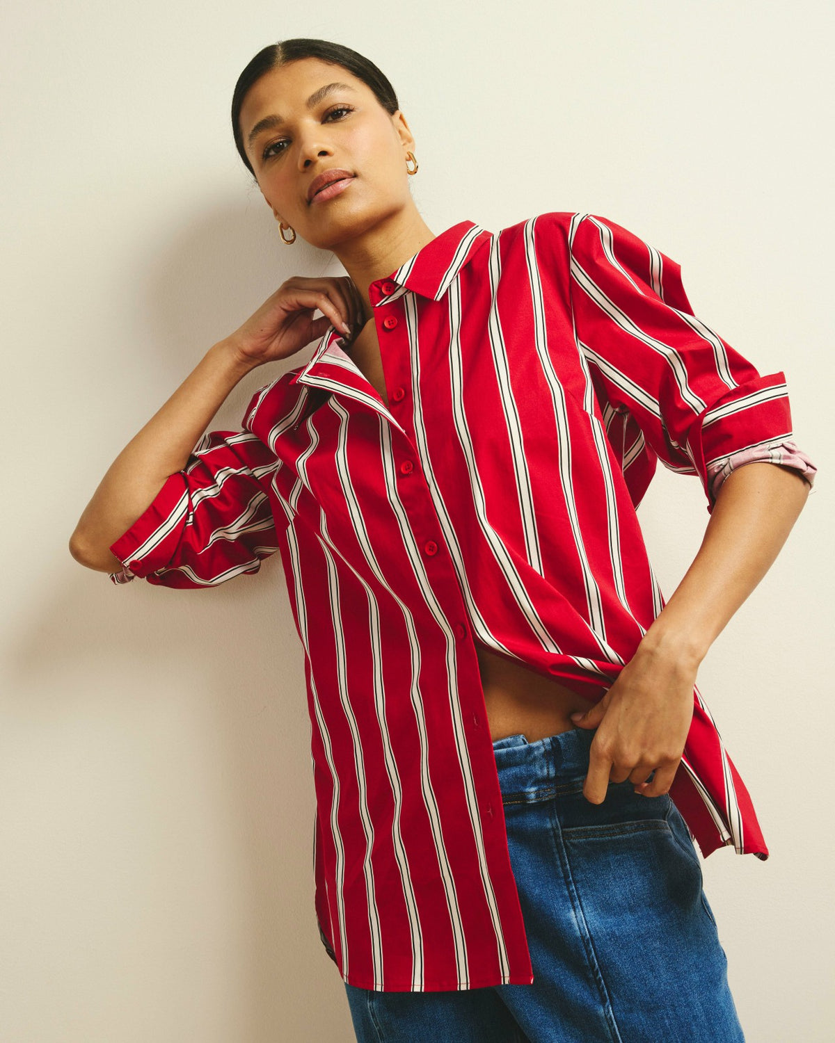 The Artist Poplin Shirt - Red/Black/White Stripe | Universal Standard