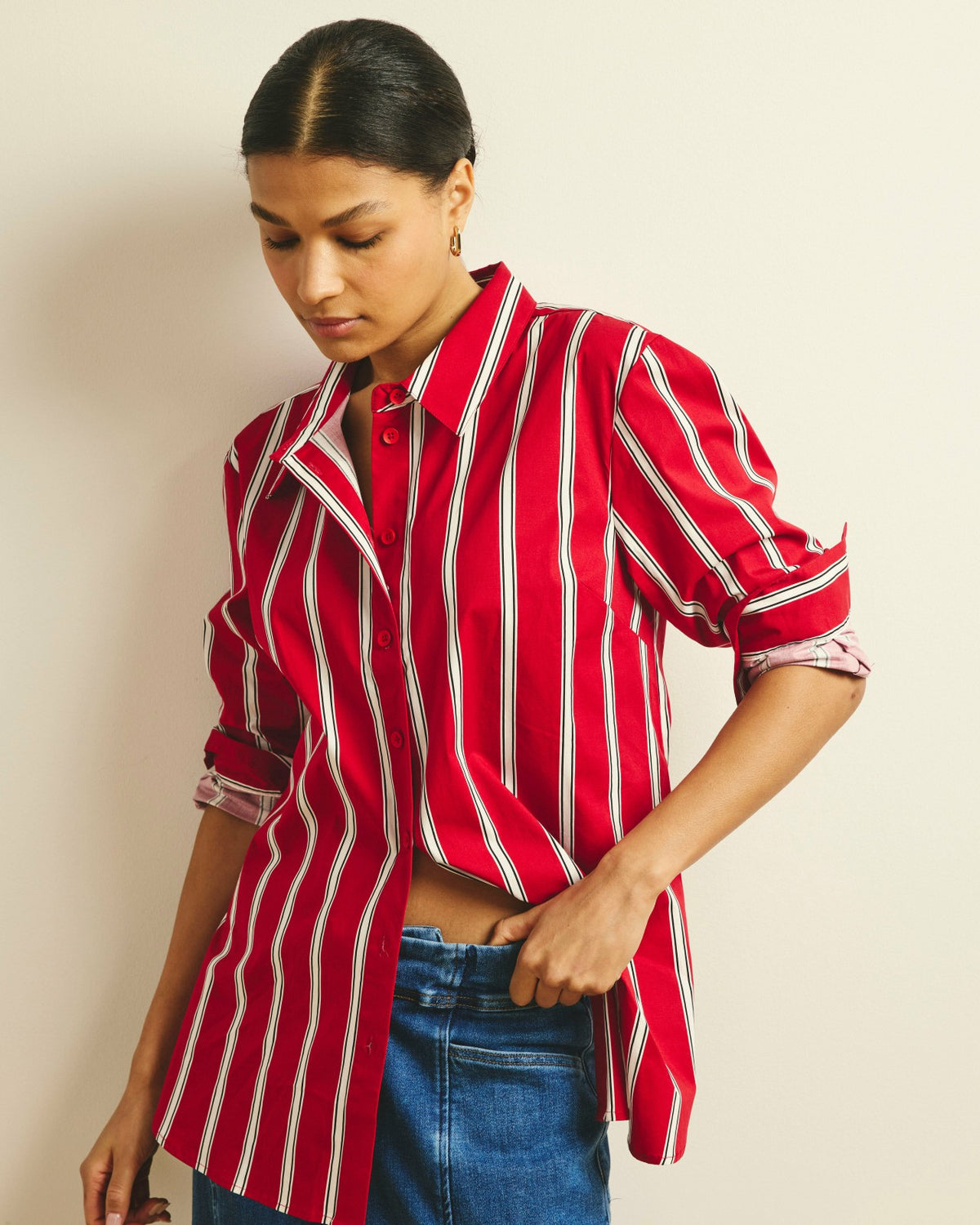 The Artist Poplin Shirt - Red/Black/White Stripe | Universal Standard