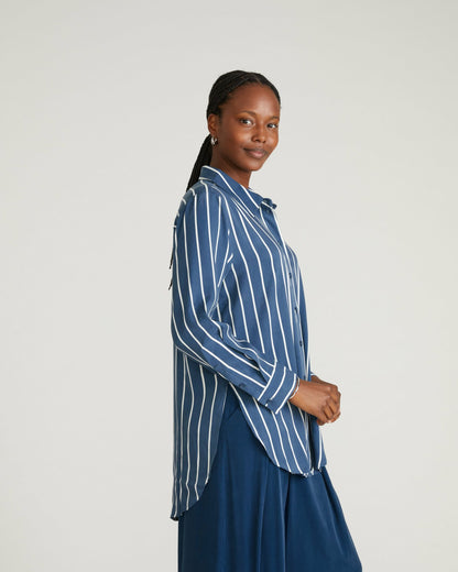 Cooling Stretch Cupro Artist Shirt - Ensign Blue/White Stripe | Universal Standard