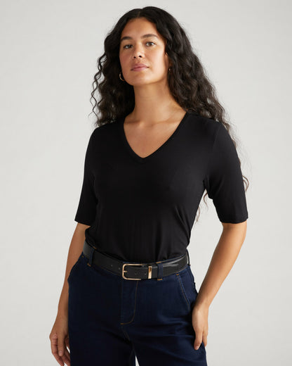 Lily Liquid Jersey V-Neck Stovepipe Tee - Black | Universal Standard