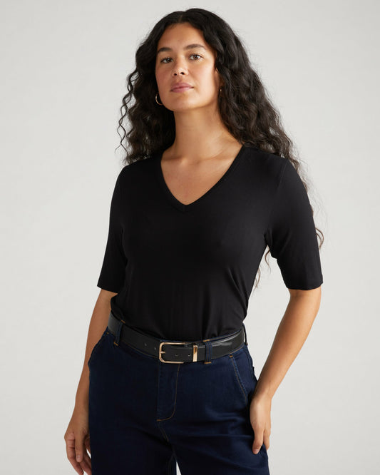 Lily Liquid Jersey V-Neck Stovepipe Tee - Black | Universal Standard