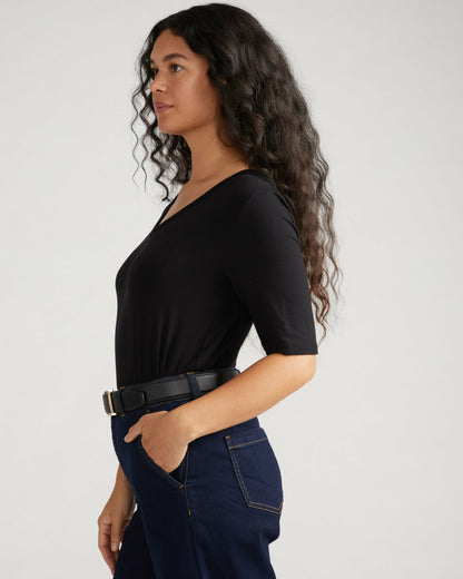Lily Liquid Jersey V-Neck Stovepipe Tee - Black | Universal Standard