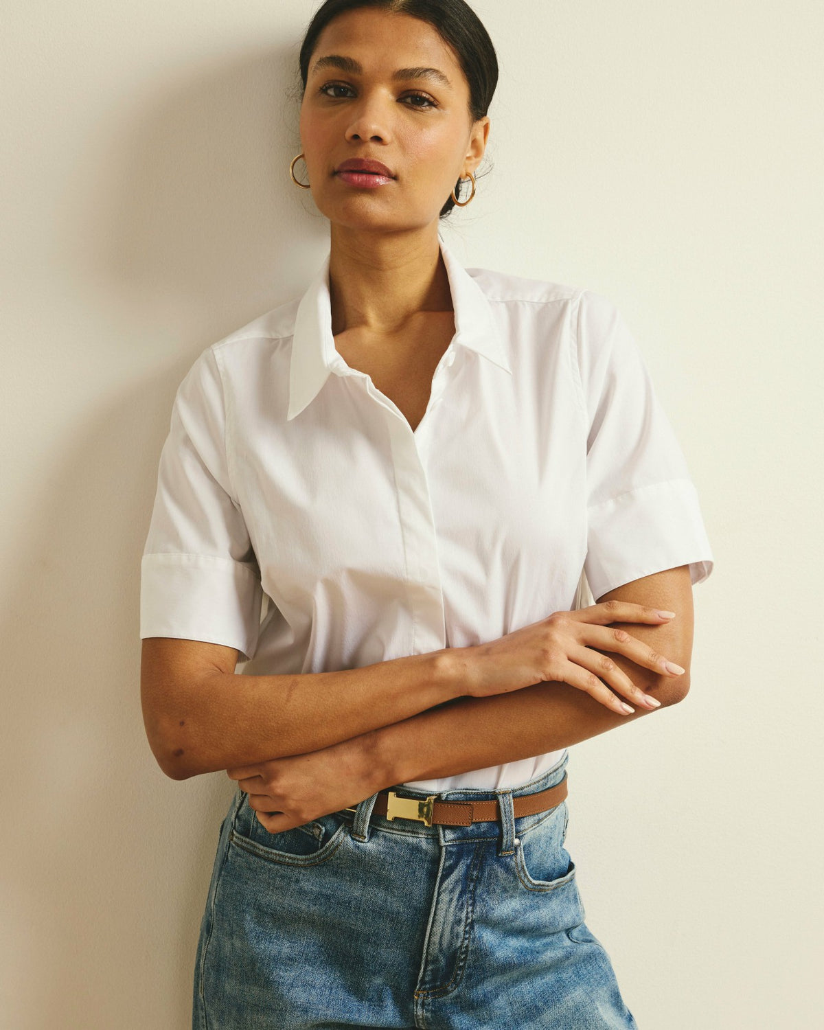 Elbe Stretch Poplin Short Sleeve Shirt - White | Universal Standard