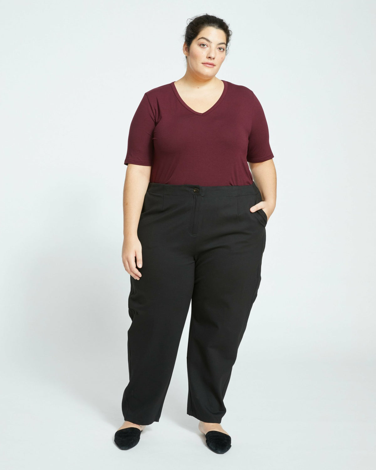 Lily Liquid Jersey V-Neck Stovepipe Tee - Black Cherry | Universal Standard
