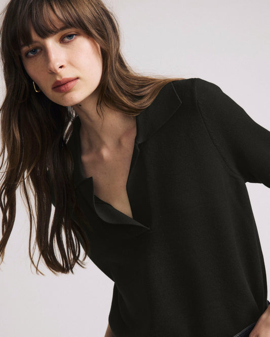 Savvy Fine Knit Short Sleeve Polo Sweater - Black | Universal Standard