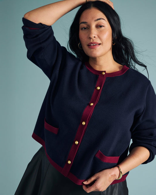 Gabrielle Button-Front Cardigan - Midnight with Red Accents | Universal Standard