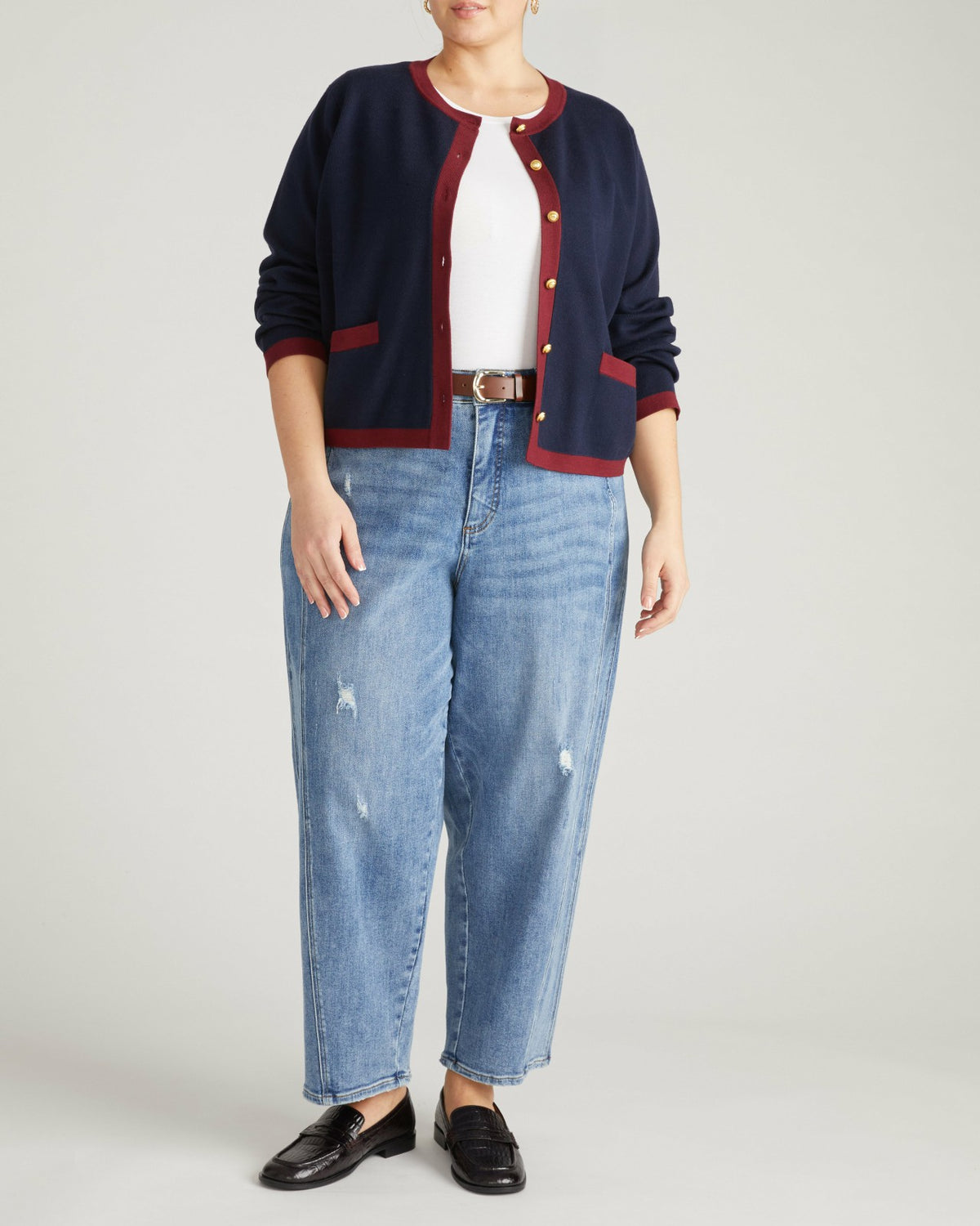 Gabrielle Button-Front Cardigan - Midnight with Red Accents | Universal Standard