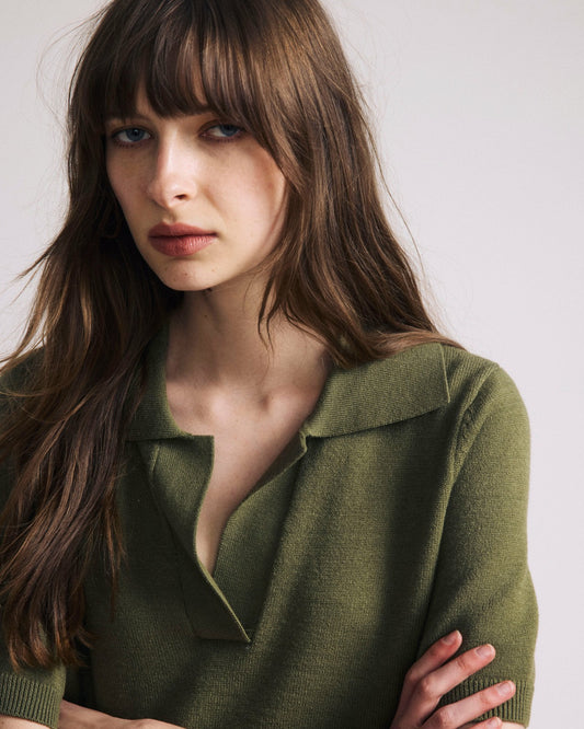 Savvy Fine Knit Short Sleeve Polo Sweater - Olive Leaf | Universal Standard