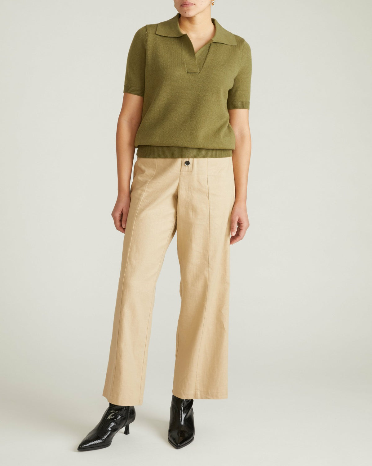 Savvy Fine Knit Short Sleeve Polo Sweater - Olive Leaf | Universal Standard