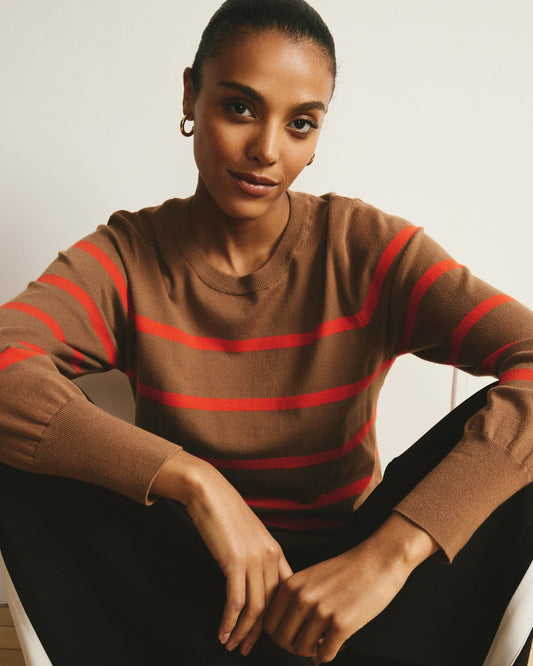 Savvy Fine Knit Crew Sweater - Classic Camel/Poppy Stripe | Universal Standard