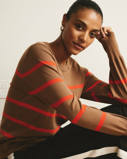 Savvy Fine Knit Crew Sweater - Classic Camel/Poppy Stripe | Universal Standard