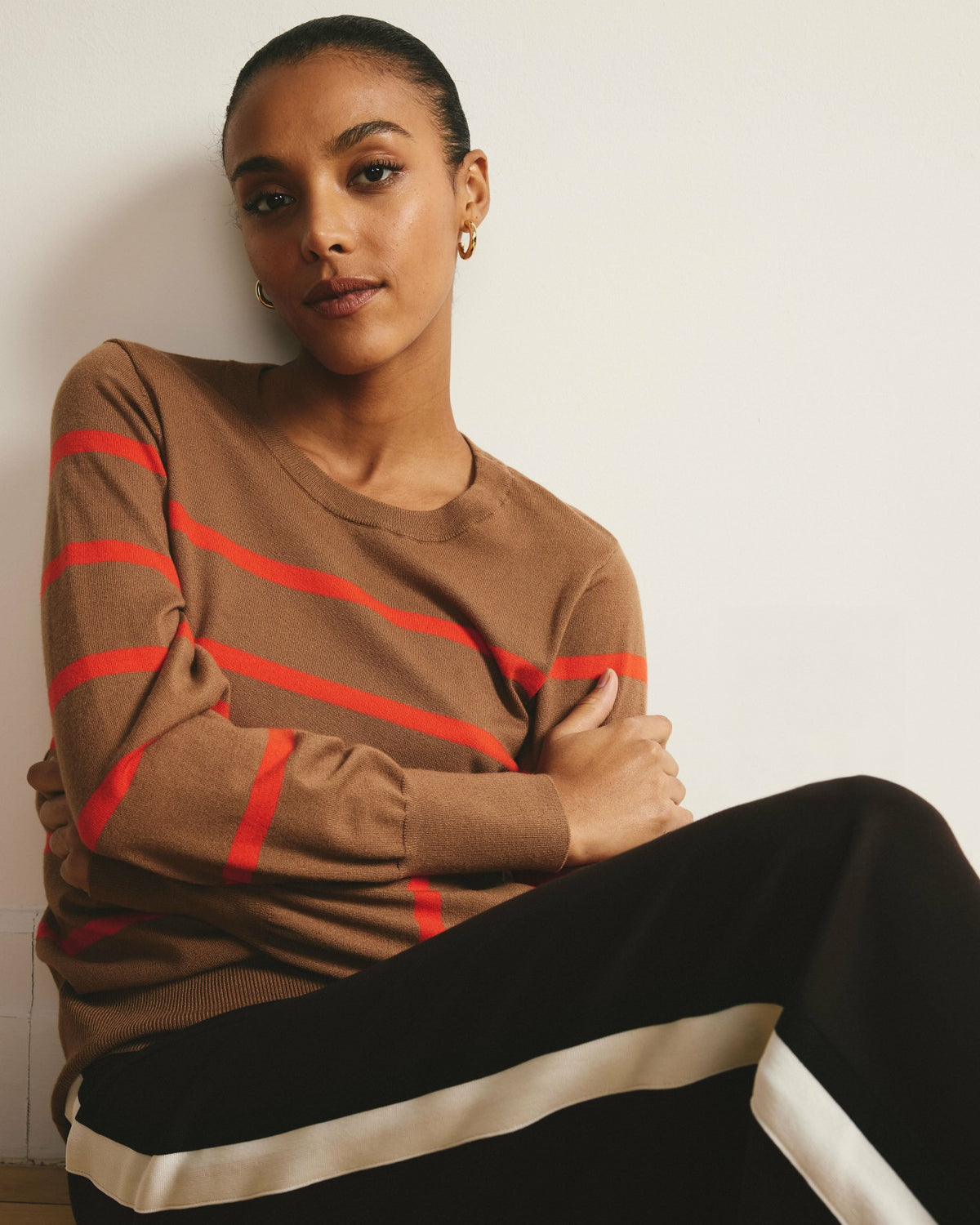 Savvy Fine Knit Crew Sweater - Classic Camel/Poppy Stripe | Universal Standard