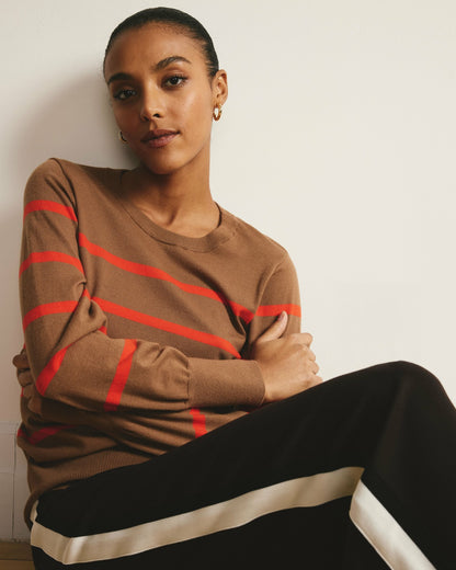 Savvy Fine Knit Crew Sweater - Classic Camel/Poppy Stripe | Universal Standard