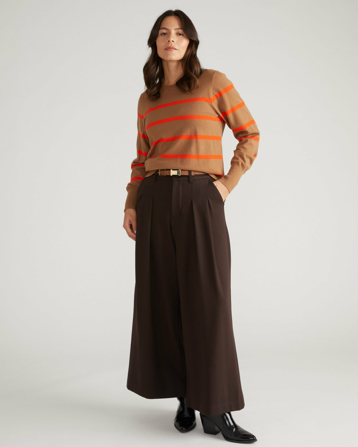 Savvy Fine Knit Crew Sweater - Classic Camel/Poppy Stripe | Universal Standard
