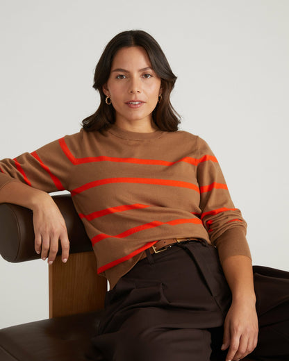 Savvy Fine Knit Crew Sweater - Classic Camel/Poppy Stripe | Universal Standard
