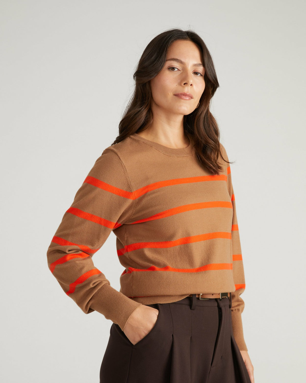 Savvy Fine Knit Crew Sweater - Classic Camel/Poppy Stripe | Universal Standard