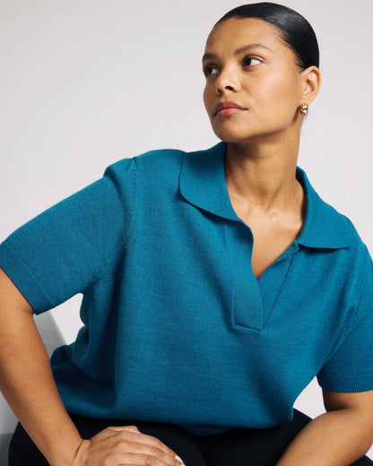 Savvy Fine Knit Short Sleeve Polo Sweater - Blue Beetle | Universal Standard