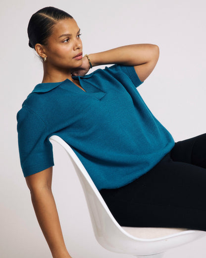 Savvy Fine Knit Short Sleeve Polo Sweater - Blue Beetle | Universal Standard