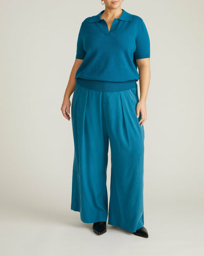 Savvy Fine Knit Short Sleeve Polo Sweater - Blue Beetle | Universal Standard