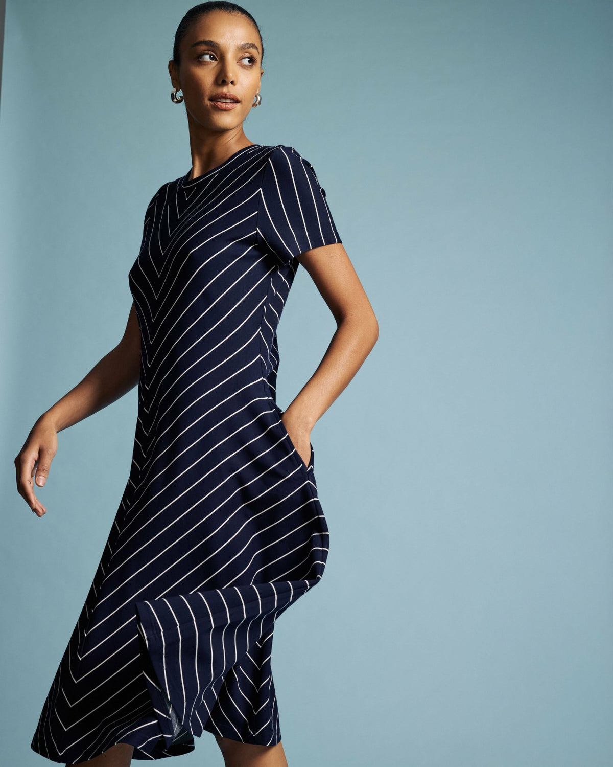 Imani Ponte Dress - Navy Pinstripe | Universal Standard