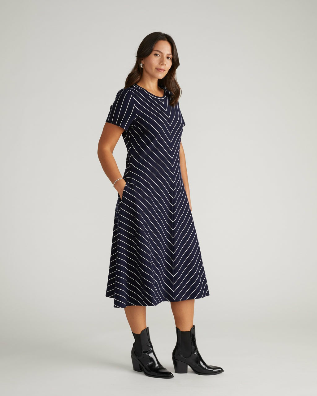 Imani Ponte Dress - Navy Pinstripe | Universal Standard