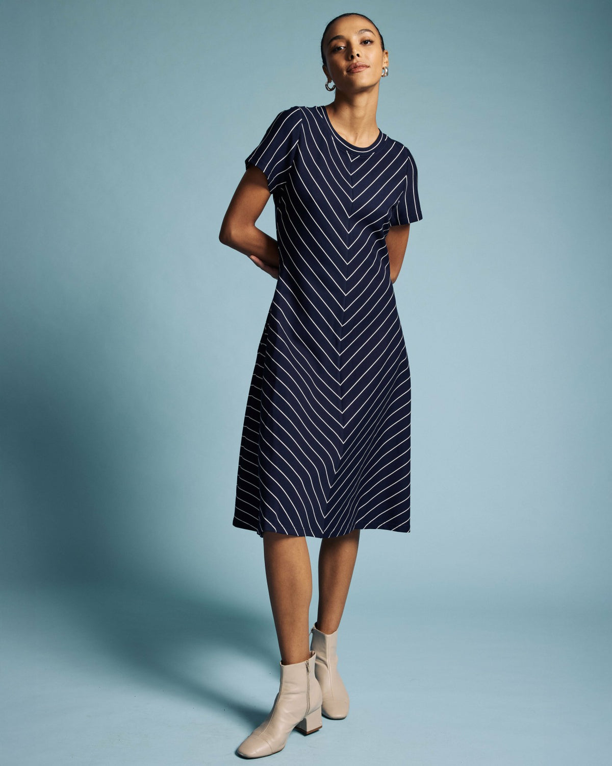 Imani Ponte Dress - Navy Pinstripe | Universal Standard