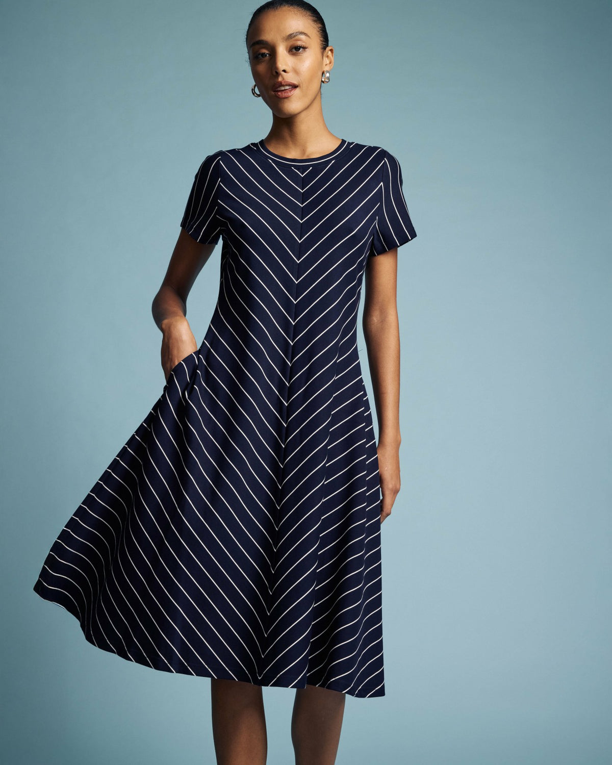Imani Ponte Dress - Navy Pinstripe | Universal Standard
