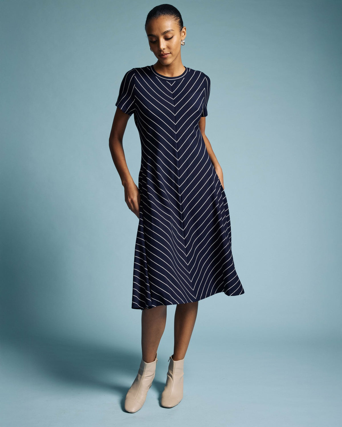 Imani Ponte Dress - Navy Pinstripe | Universal Standard