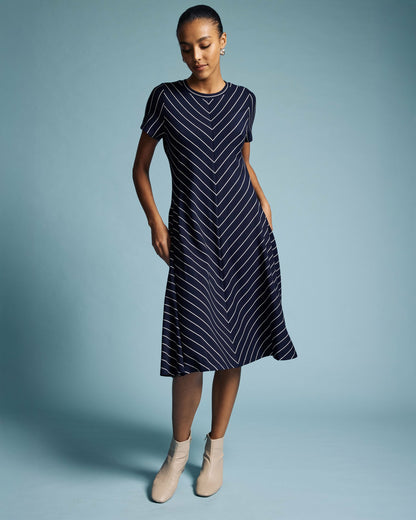 Imani Ponte Dress - Navy Pinstripe | Universal Standard